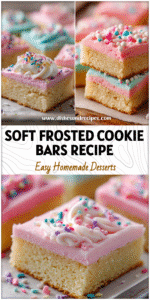 Soft frosted sugar cookie bars with pastel frosting and sprinkles on a baking tray.